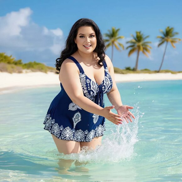 Plus Navy Blue Paisley Print 2Pc Swimdress Set Wide Strap Women Size 24 Swimwear - Picture 8 of 12